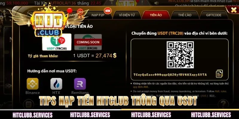 Tips nạp tiền HITCLUB thông qua USDT